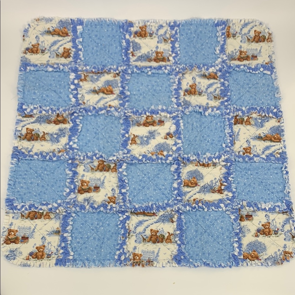 Blue and White Teddy Bear Patchwork Baby Rag Quilt